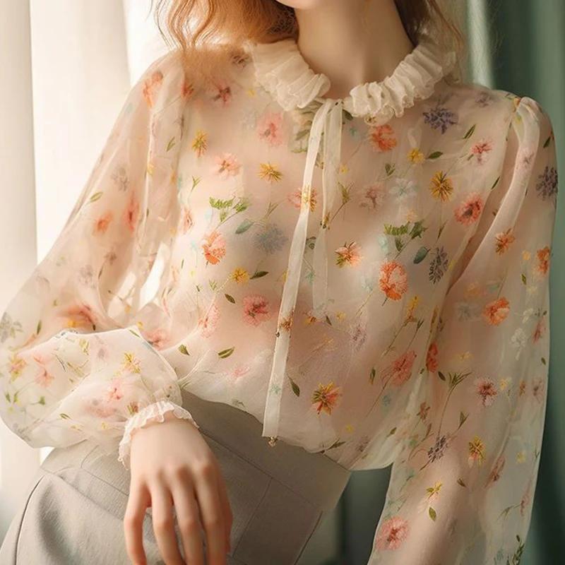 blouse women Chiffon women\'s summer 2024 new sweet short lace printed floral shirt lantern sleeve top