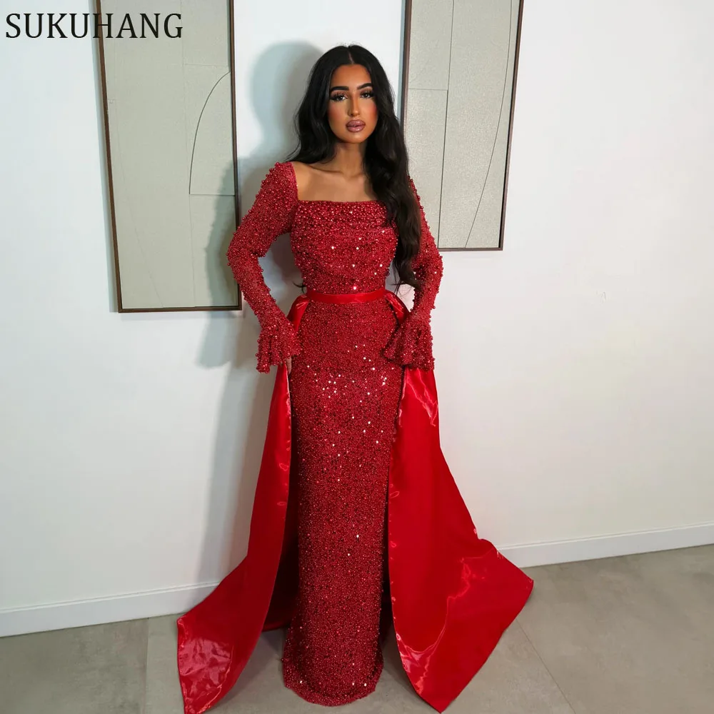 SUKUHANG Elegant Evening Dress with Long Sleeve Mermaid Beaded Red Prom Dress for Party Detachable Train Customized