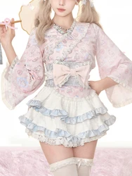 Pink Kawaii Lolita Style Skirt Set Women Cute Cat Print Bow Blouse Ruffles Mini Cake Skirts Suits Female Korean Y2k 2 Piece Sets