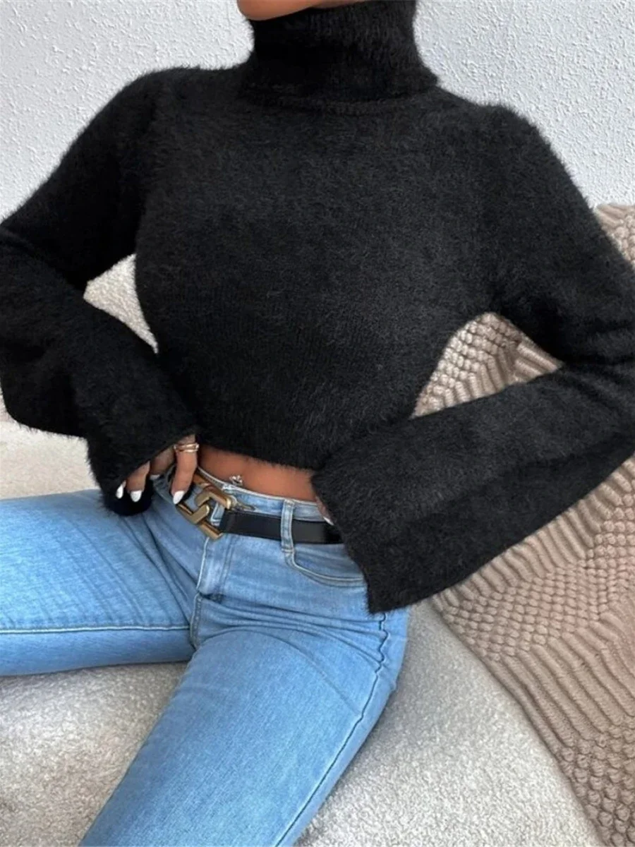 Bornladies Autumn Winter Turtleneck Short Sweater Stylish Ladies Plush Knitted Long Sleeved Solid Warm Women\'s Knitted Pullover