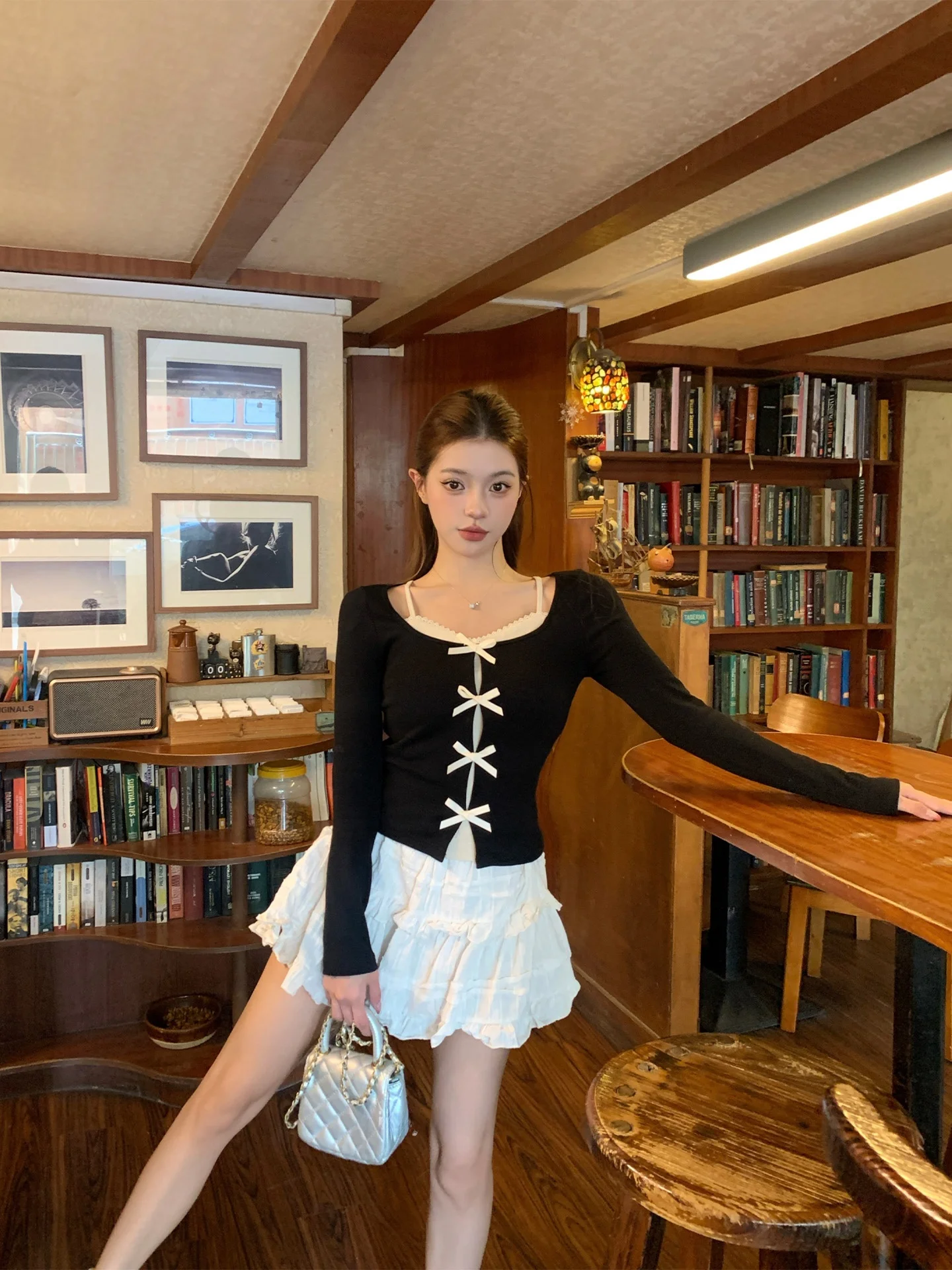 

Ballet Style Long Sleeve Knitted Sweater with Knot Atmosphere Feeling Fake Two-Piece Spring Summer New Arrival Wome...