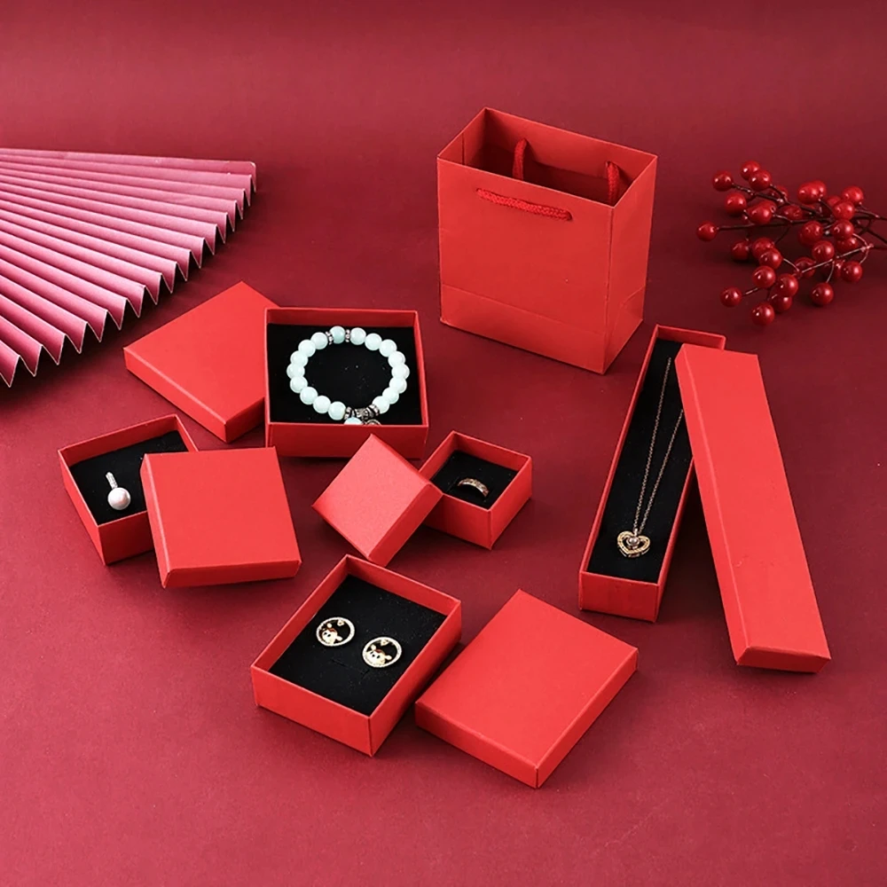 24Pcs Square Cardboard Ring Earrings Boxes Jewelry Organizer Storage Gift Box Red Paper Jewellry Packaging Container with Sponge