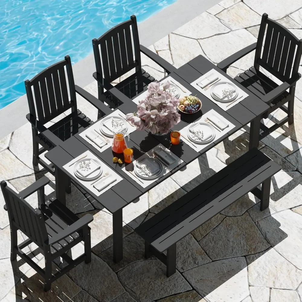 

HDPE Outdoor Dining Table Set of 6, 71" L Patio Dining Furniture Set with 4 Chairs & 1 Bench, Modern Cut-Out Dining Table Chairs