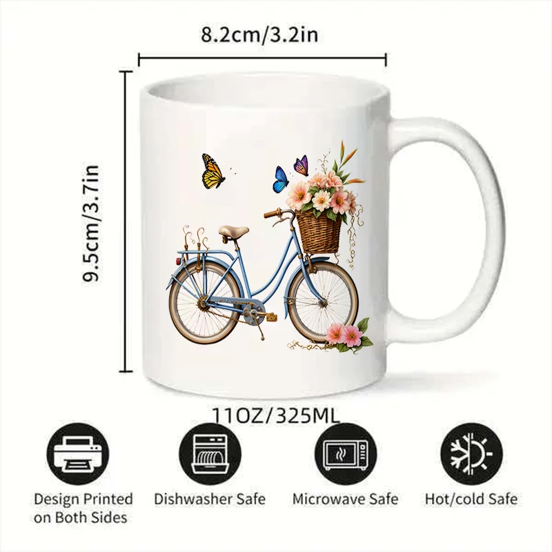 Vintage Bicycle With Flower Basket Colorful Print Ceramic Coffee Mug, 11oz 350ml Personalized Custom Mug, Cute Aesthetic Mug Mic