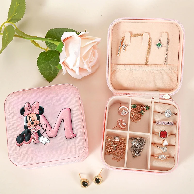 

Minnie Portable Jewelry Box Pink Organizer Storage Box Travel Jewelry Case Earrings Necklace Ring Jewelry Boxes Birthday Gifts