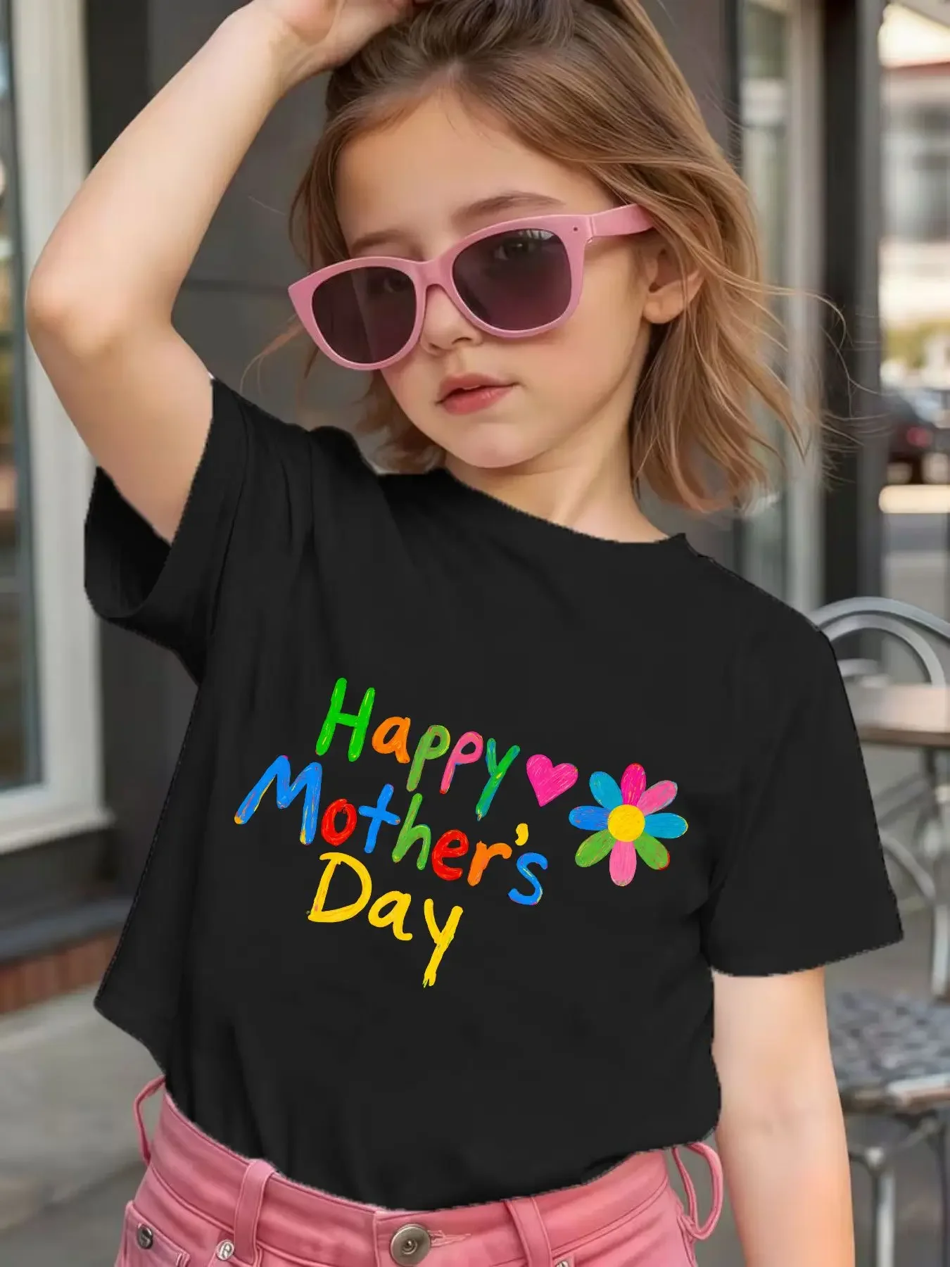 Colorful Flower Graphic Tee for Kids Happy Mother's Day Design Cotton Crew Neck Short Sleeve Soft Summer Top Unisex