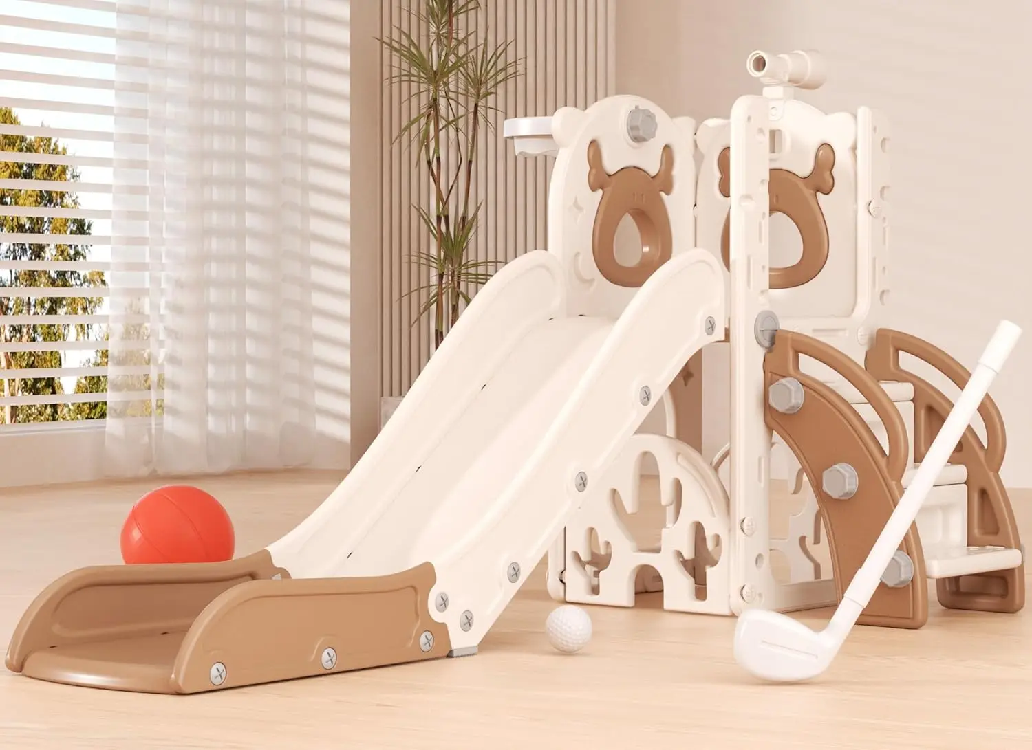 Tobogán para niños pequeños 7 en 1, tobogán interior para niños pequeños de 12 a 36 meses, nueva actualización con golf, aro de baloncesto para interiores y exteriores