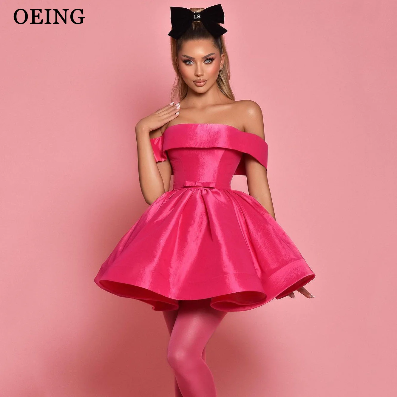 

OEING Fuchsia A-Line Princess Prom Dresses Off The Shoulder Pleats Sleeveless Mini Sexy Party Gowns Satin Bow Dress Customized