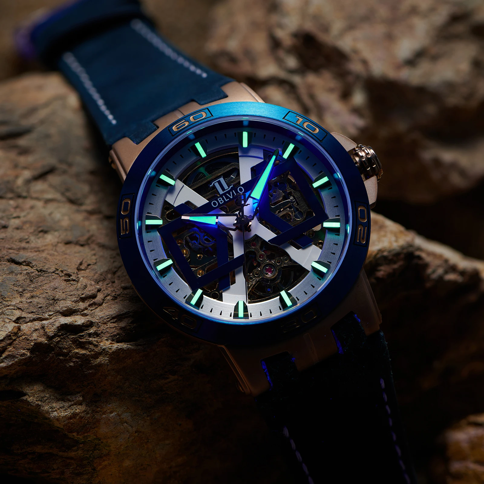 OBLVLO Men's Skeleton Blue Luminous Automatic Watch with See-through Mechanical Movement Waterproof Leather Military Style UM