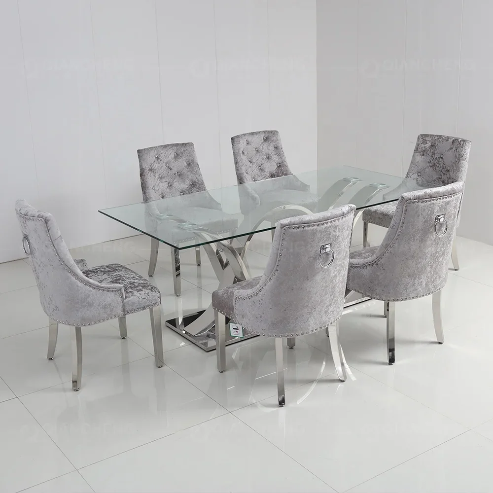 Modern dining room furniture stainless steel design 12mm thick tempered glass 8 seater modern dining table set