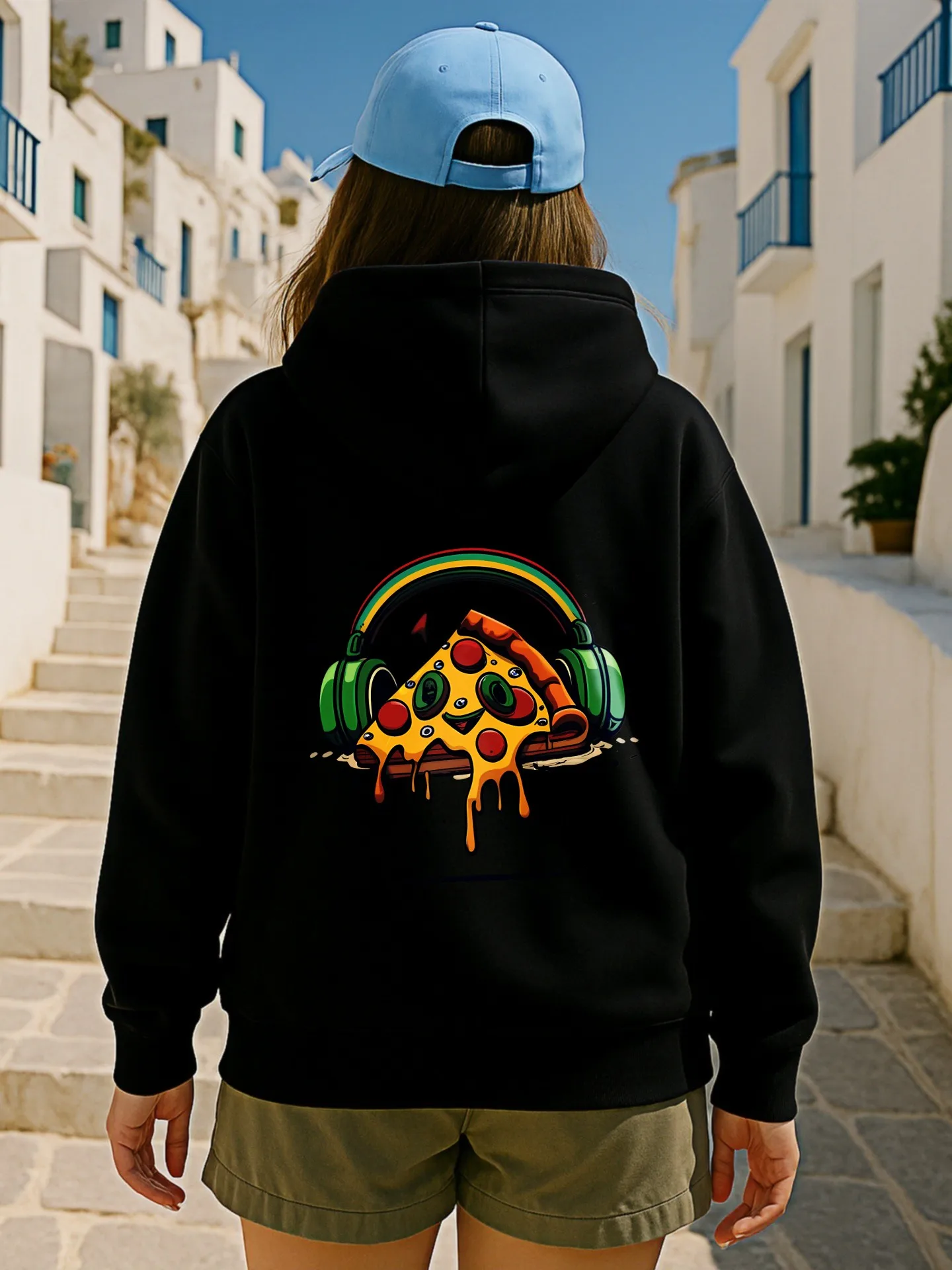 เสื้อฮู้ดลายกราฟิกผู้หญิง พิมพ์ลายการ์ตูนหูฟังพิซซ่า สไตล์ลำลอง ผ้านุ่ม สวมใส่สบายทุกวัน สำหรับวัยรุ่น