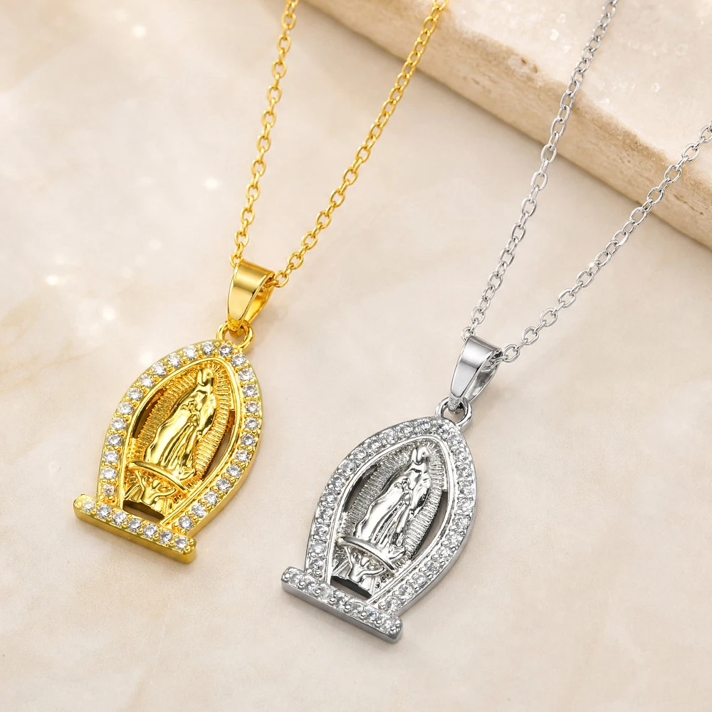 Virgin Mary Necklace for Women, CZ 18K Gold Plated Stainless Steel Religious Pendant, Christian Faith Gift Jewelry