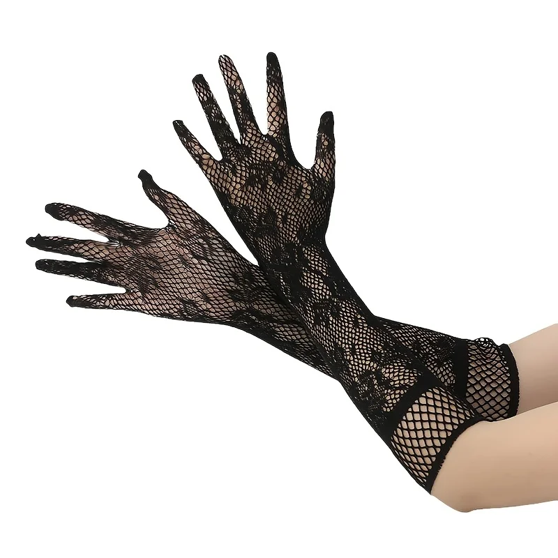 Long Black Fishnet Lace Gloves Full Finger Mesh Sheer Gloves Vintage Evening Party Costume Gloves Wedding Halloween Cosplay