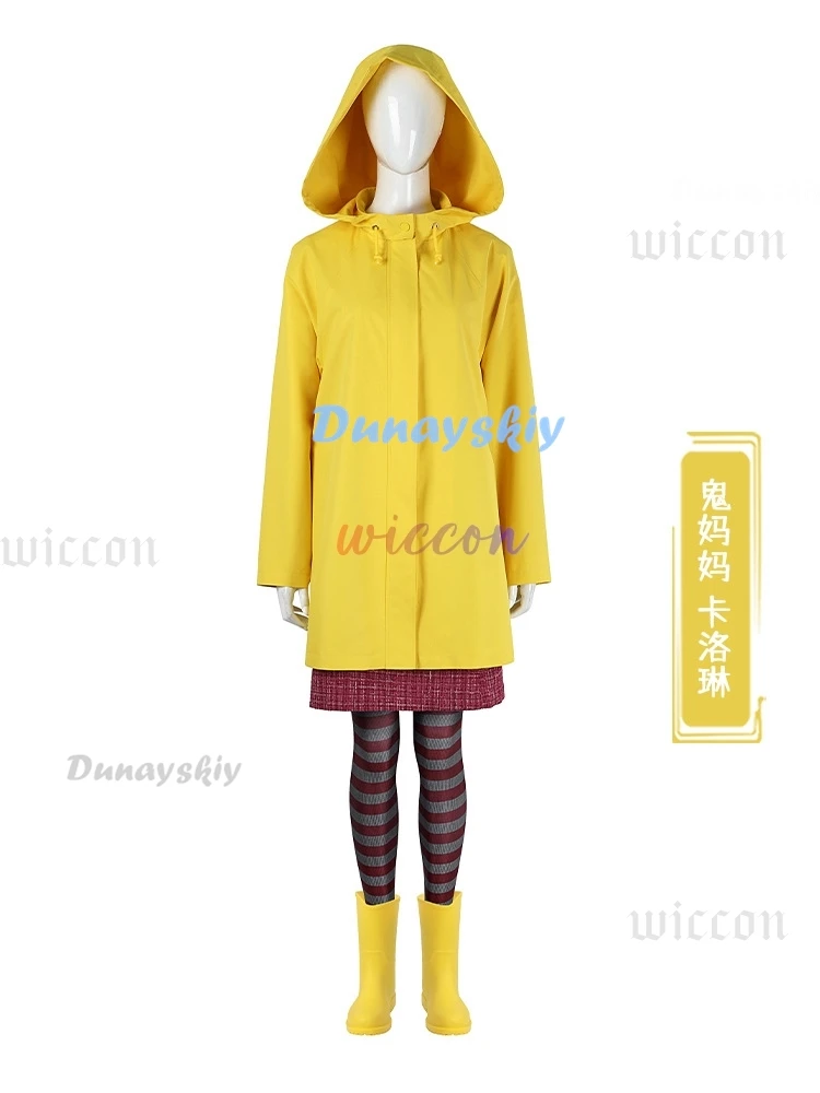 Coraline Cosplay Costume Horror Fairytale Movies Yellow Coat Secret Door Adult Halloween Party Scary Ghost Mom Caroline