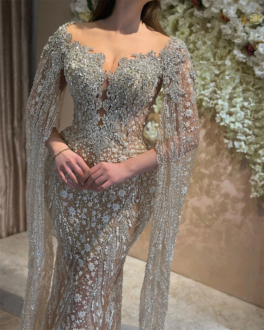 formal arab wedding guest dresses Floria V Neck Champagne Prom With Long Cape Sleeve Saudi Arabic Gown Customized Occasion Gowns modern gold metallic long dress for women
