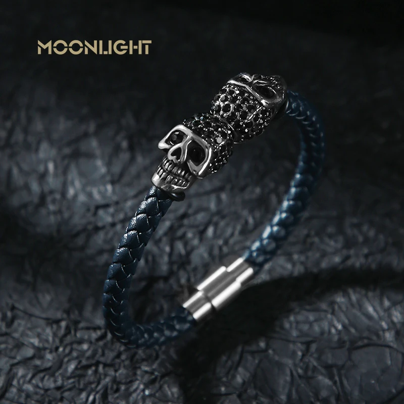 Punk Bracelet For Men Gothic Hand Skull Skeleton Black Braided Leather Bracelet Stainless Steel Magnetic Clasp Bangles Gift