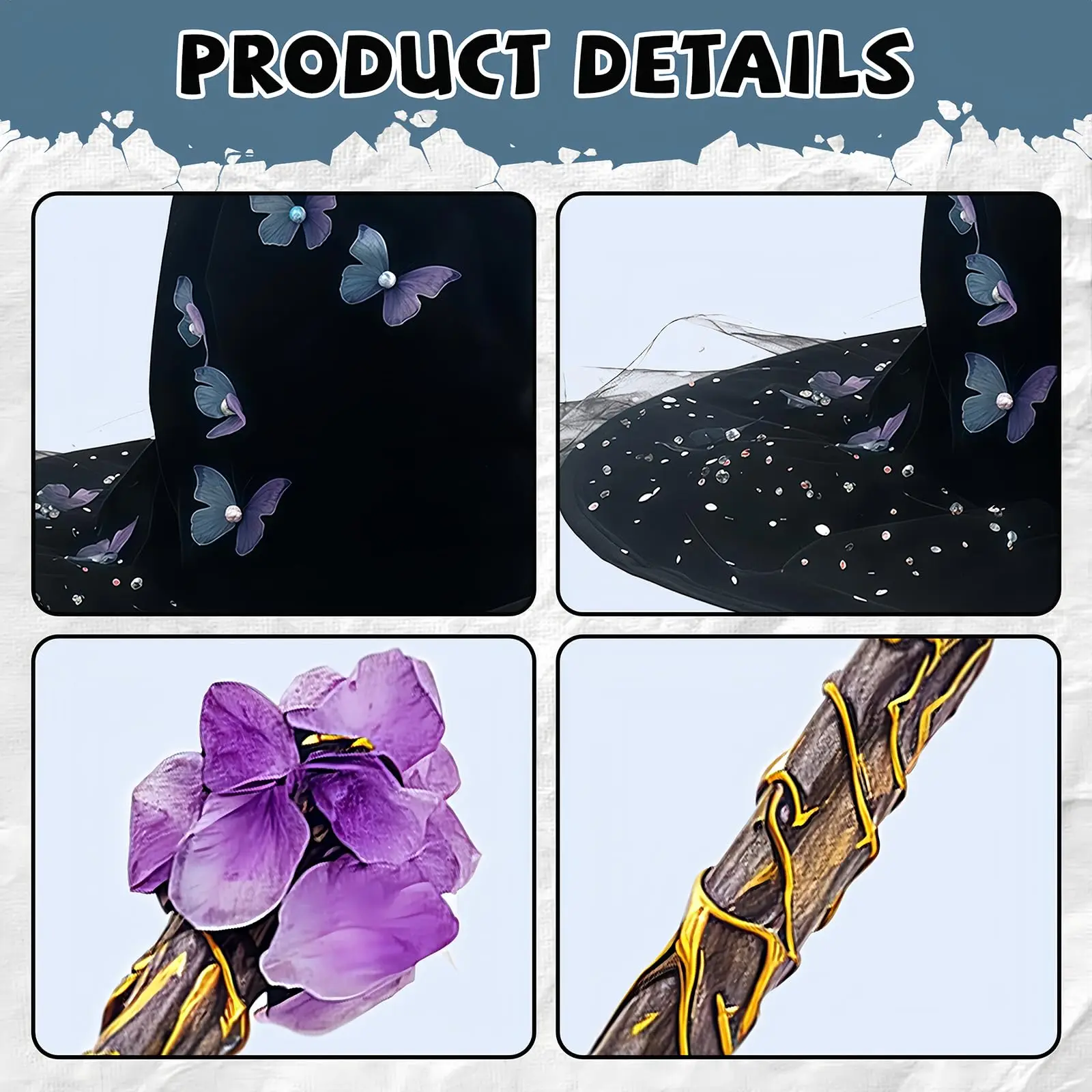 Chapeau de sorcière papillon, baguette de Cosplay, baguette de sorcière en cristal violet, une vigne, chapeau de magicien pointu pour Halloween, accessoires magiques