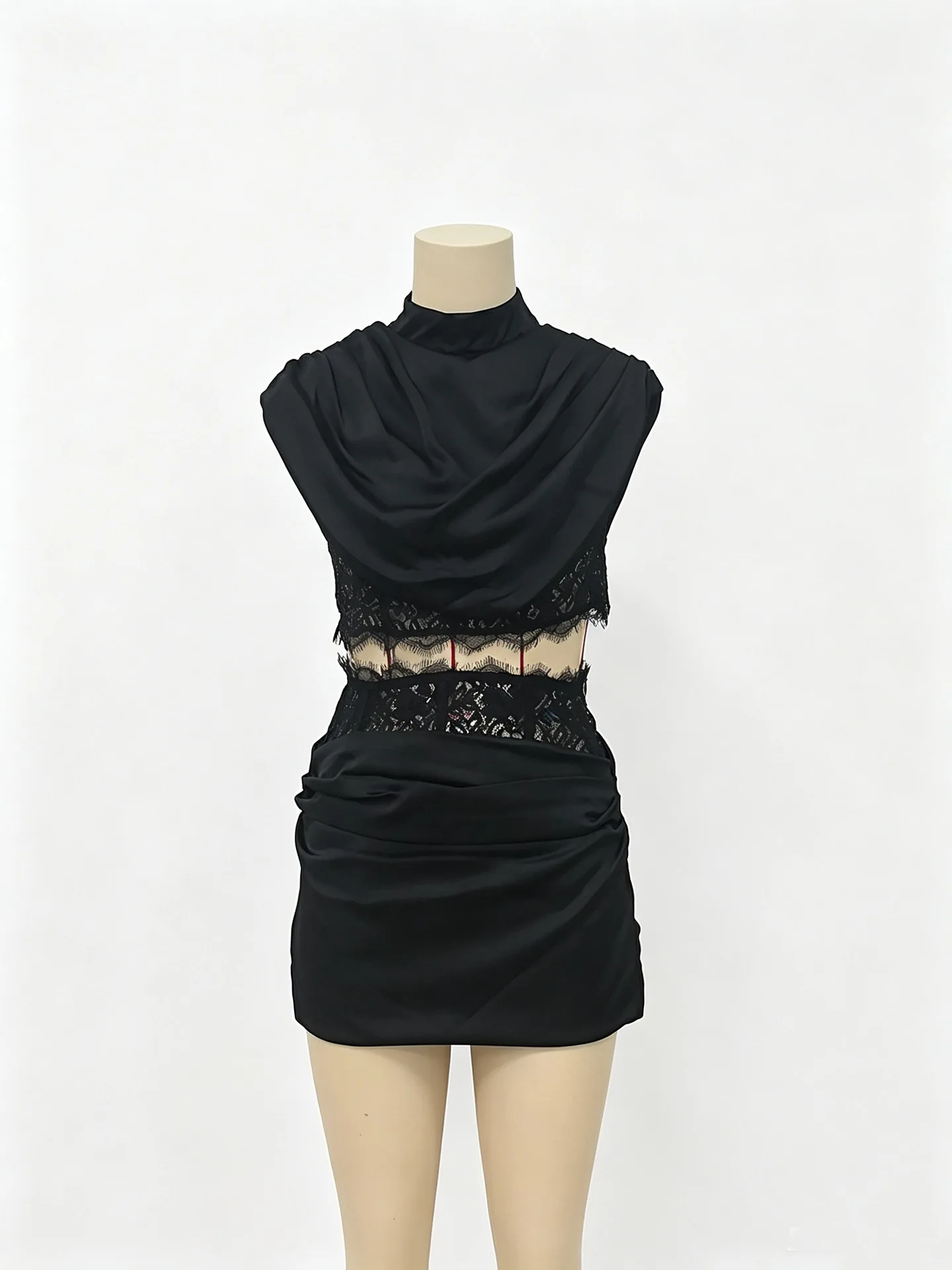 Women's 2 Piece Set Sleeveless Drape Satin Crop Top High Waist Lace Waist Ruched Bodycon Skirt Fashion Party Club Outfit