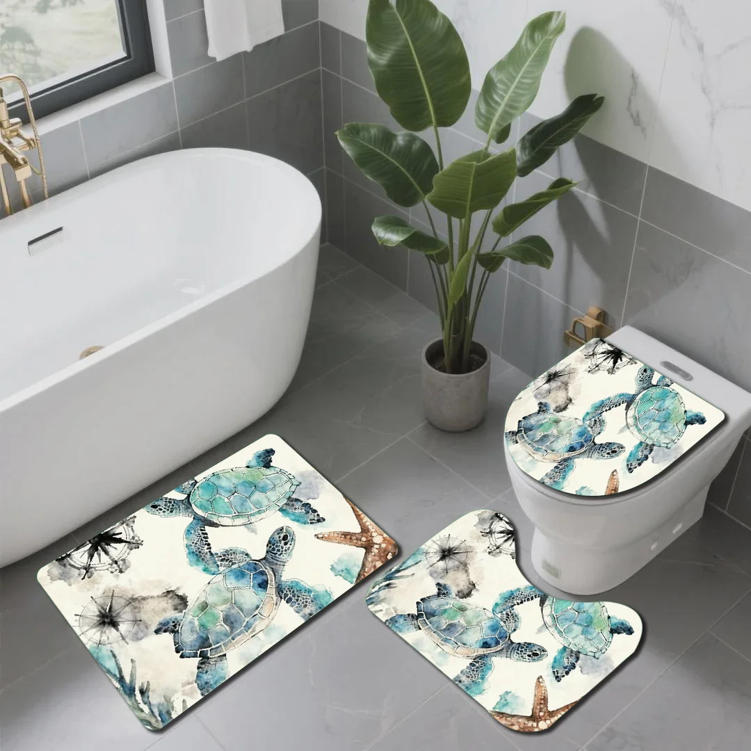 

Watercolor Sea Turtle Starfish Printed Bathroom Rugs Set 3pcs Non Slip Waterproof Floor Mats for Toilet Sink Home Decor