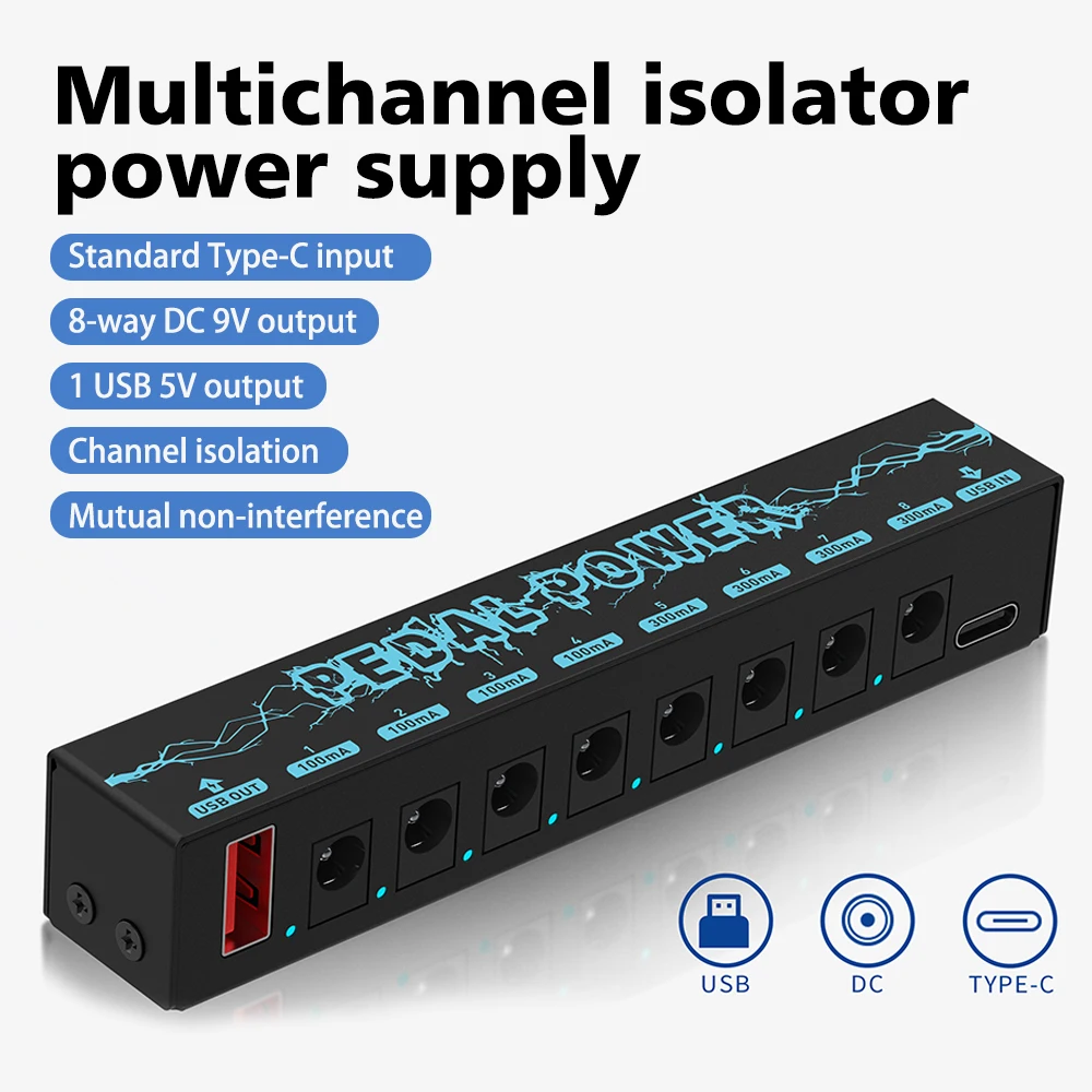 Guitar Pedals Power Supply 5V/2.1A 8 DC Output Portable Durable Pedalboard Power Supply  with USB Port Guitars Power Supply