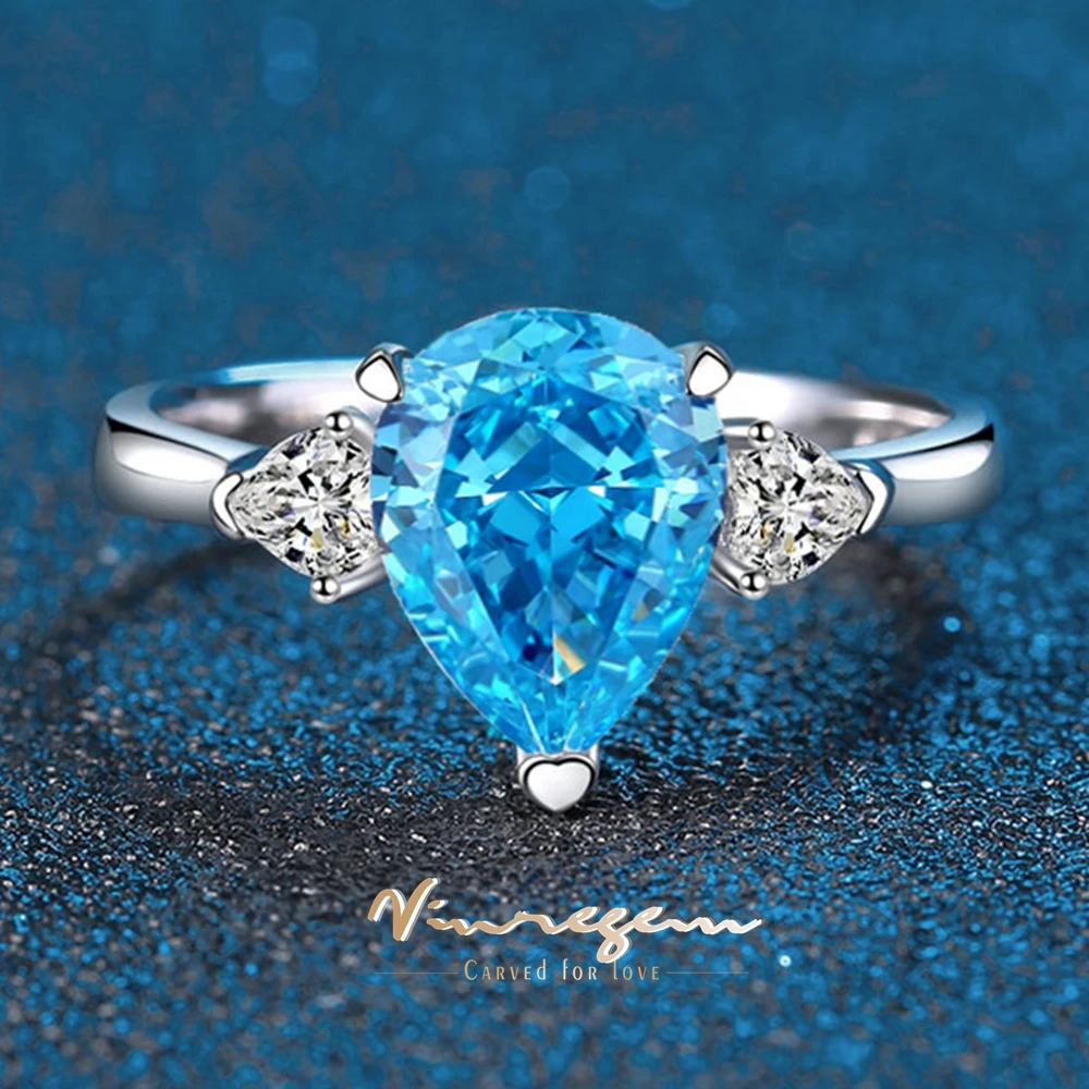 

Vinregem 9*7 MM Pear Cut Lab Created Sapphire Citrine Aquamarine Gems 925 Sterling Silver Wedding Engagement Rings Fine Jewelry