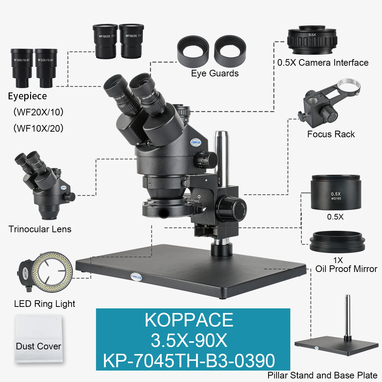 KOPPACE 3.5X-90X Black Large Platform Stereo Microscope 144 LED Ring Light Trinocular Interface 0.5X CTV