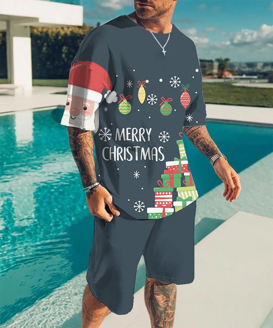 2022 New Summer Men\'s Suit Casual Beach Shorts Suit Santa Claus 3D Printing Short Suit Ordinary O-Neck T-Shirt 2 Piece Set