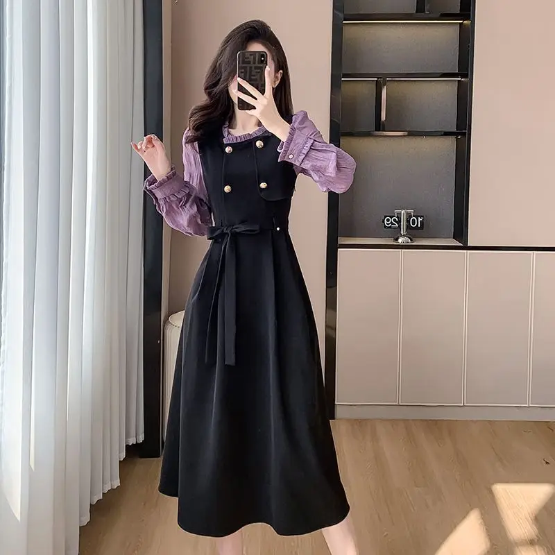

Large Size French Retro Fake Two-piece Dress for Women in Autumn Hepburn Style Small Black Skirt Loose Slim Skirt