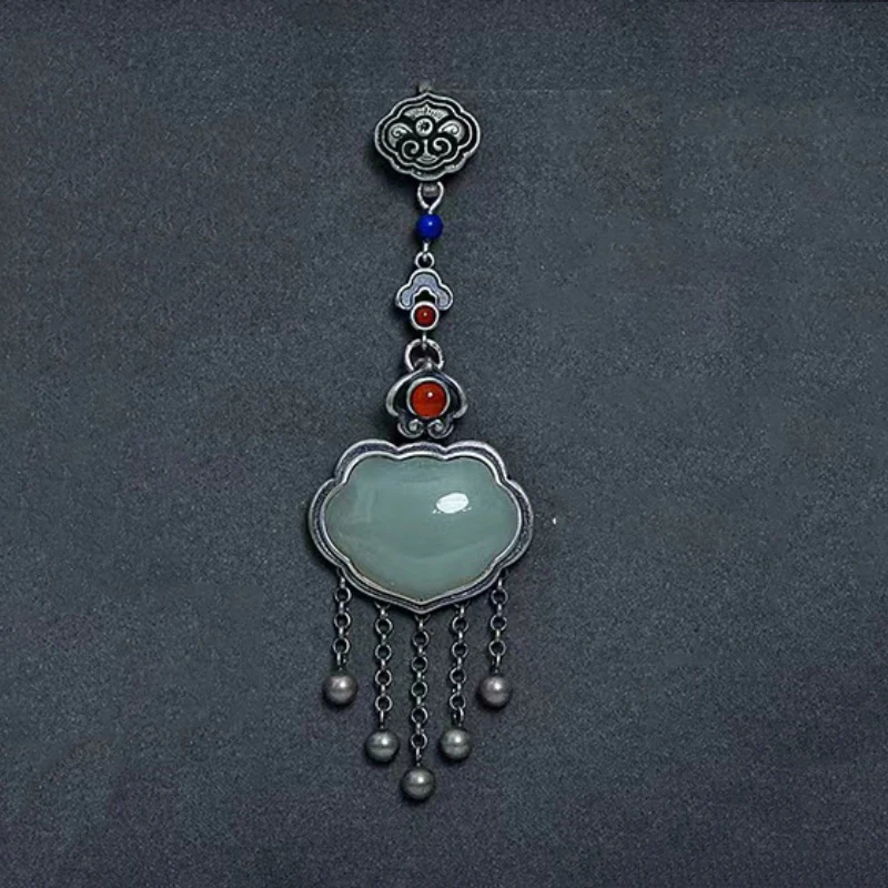 Retro Chinese style 925 silver placket button pendant natural Hotan Jade classic long tassel pendant Cheongsam jewelry