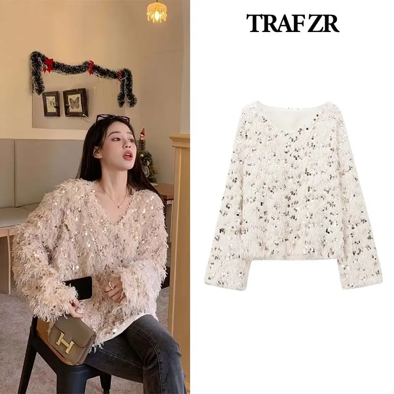 TRAF ZR Knit Pullovers Long Sleeve Woman Jumper Cozy Sweaters Women's Autumn Sweater Tassel Sequins O-neck Beige Pullovers