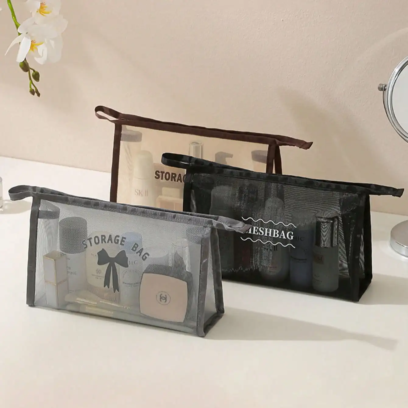 Mesh Make-Up Taschen Frauen Mädchen Kosmetik Tasche Organizer Reise Tragbare Waschen Lippenstift Kulturbeutel Sanitär Serviette Lagerung Taschen