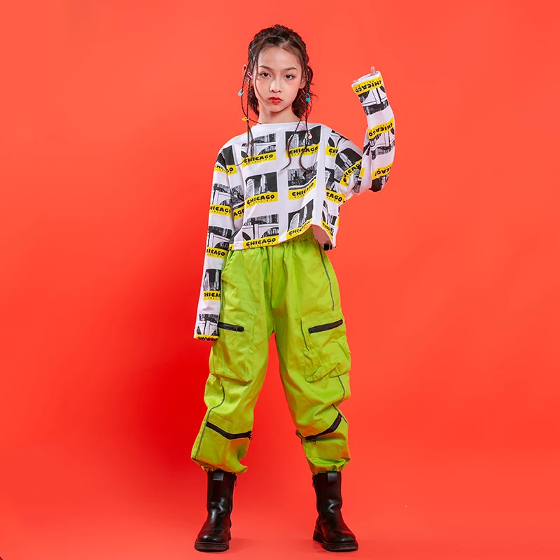 Kids Hip Hop Show Clothing Print Crop Tops Shirt Green Stage wear Tactical Cargo Pants for Singers Girls Dance Costume Clothes