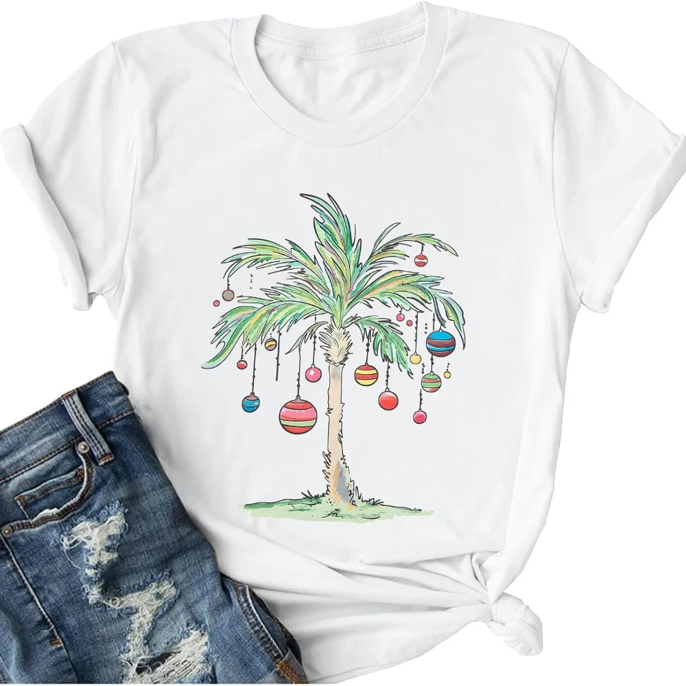 Christmas Shirts Women Palm Tree Women Graphic T-Shirt Summer Beach Party Cotton Shirt Funny Hawaii Vacation Short Sleeve Tops