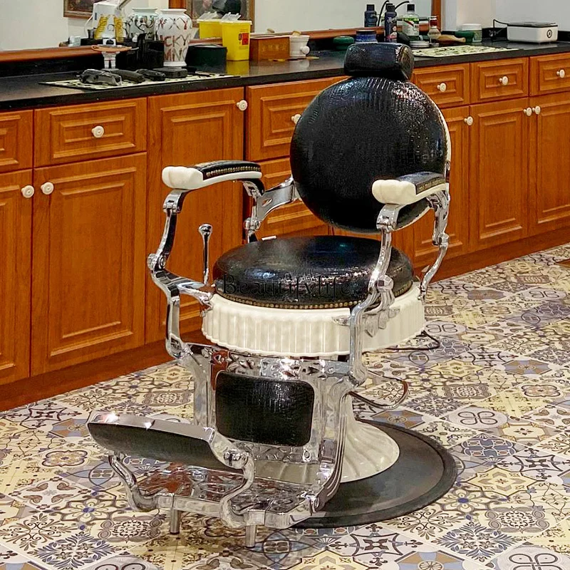 Retro Luxury Men's Oil Head Large Chair for Hair Salon Lifting and Falling Scraping and Trimming Chair