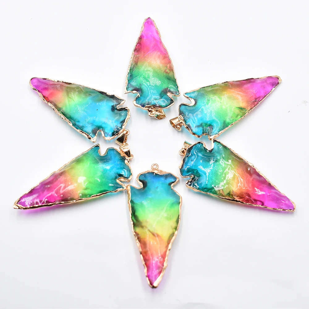 Good Quality Natural colorfullcrystal Arrowhead Pendant Electroplated Gold Color Raw Stone for jewelry making 6pcs/lot Wholesale