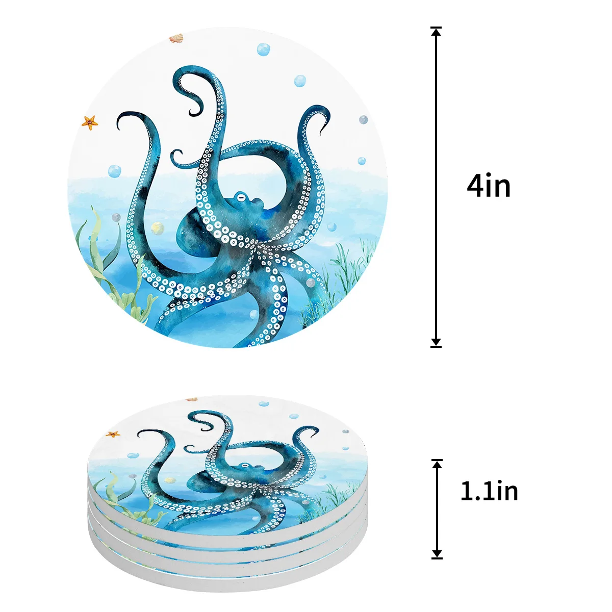 Octopus Ocean Coral Shell Coasters Ceramic Set Round Absorbent Drink Coaster Coffee Tea Cup Placemats Table Mat