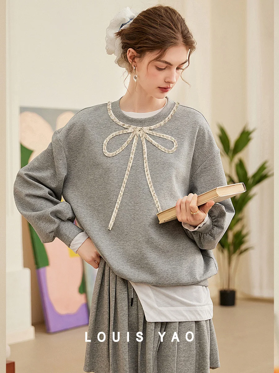LOUIS YAO 2025 Fashionable Bow Decoration Spring Round Neck Loose Shoulder Sleeves Micro Elastic Long Sleeve Women's Hoodie
