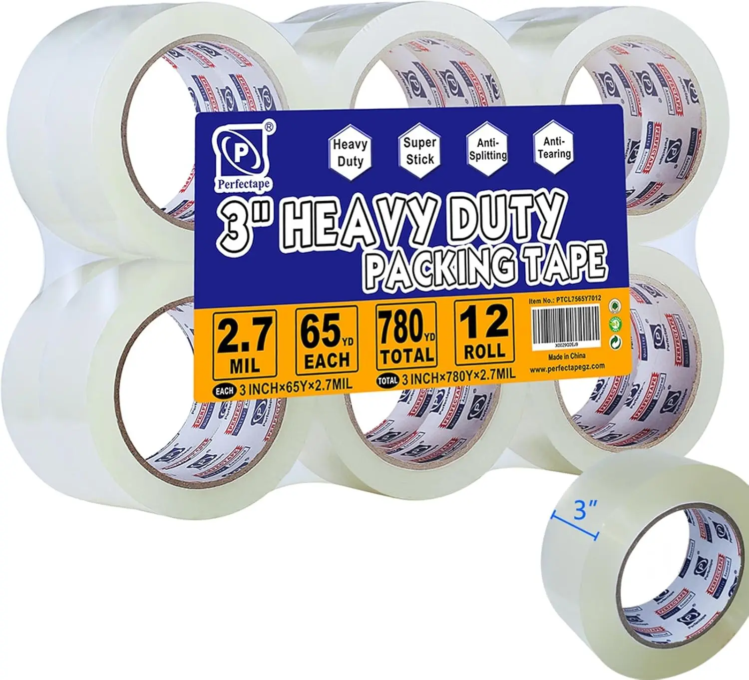 

PERFECTAPE 3" Heavy Duty Packing Tape 12 Rolls, Total 780Y, Clear, 2.7 mil, 3 inch x 65 Yards, Ultra Strong, Refill for