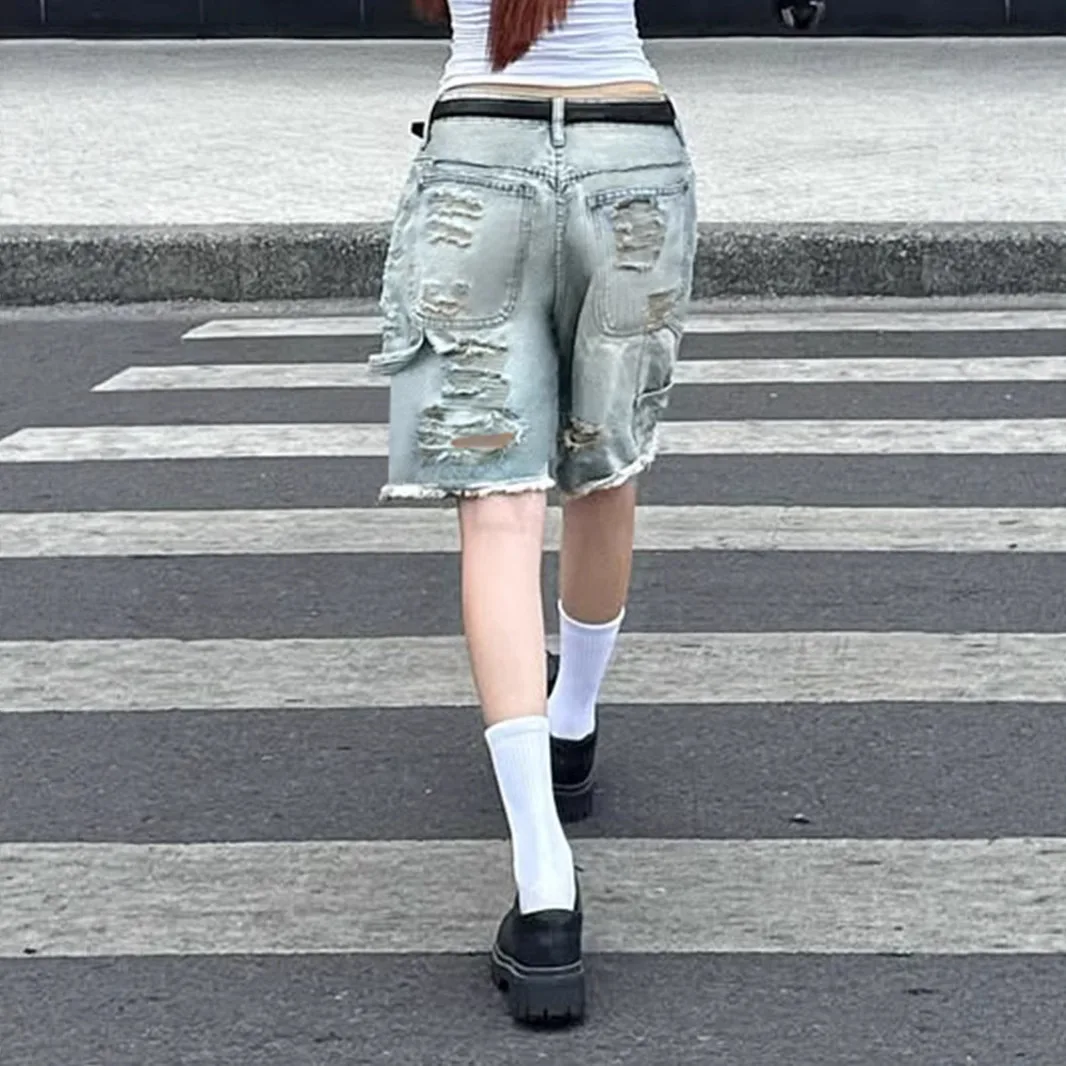 American Street Retro Old Ripped Straight Denim Jeans High Waist Casual Rough Edge Wide Leg Five-point Pants Baggy Jeans