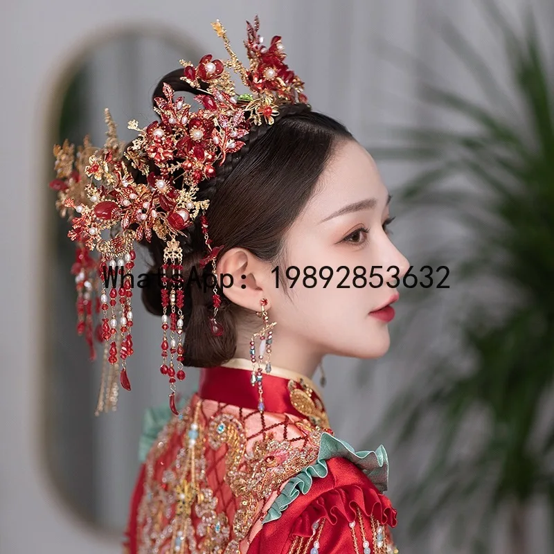 FS Chinese new bridal headdress, Xiuhe clothing accessories, ancient style hair accessories, simple and atmospheric phoenix