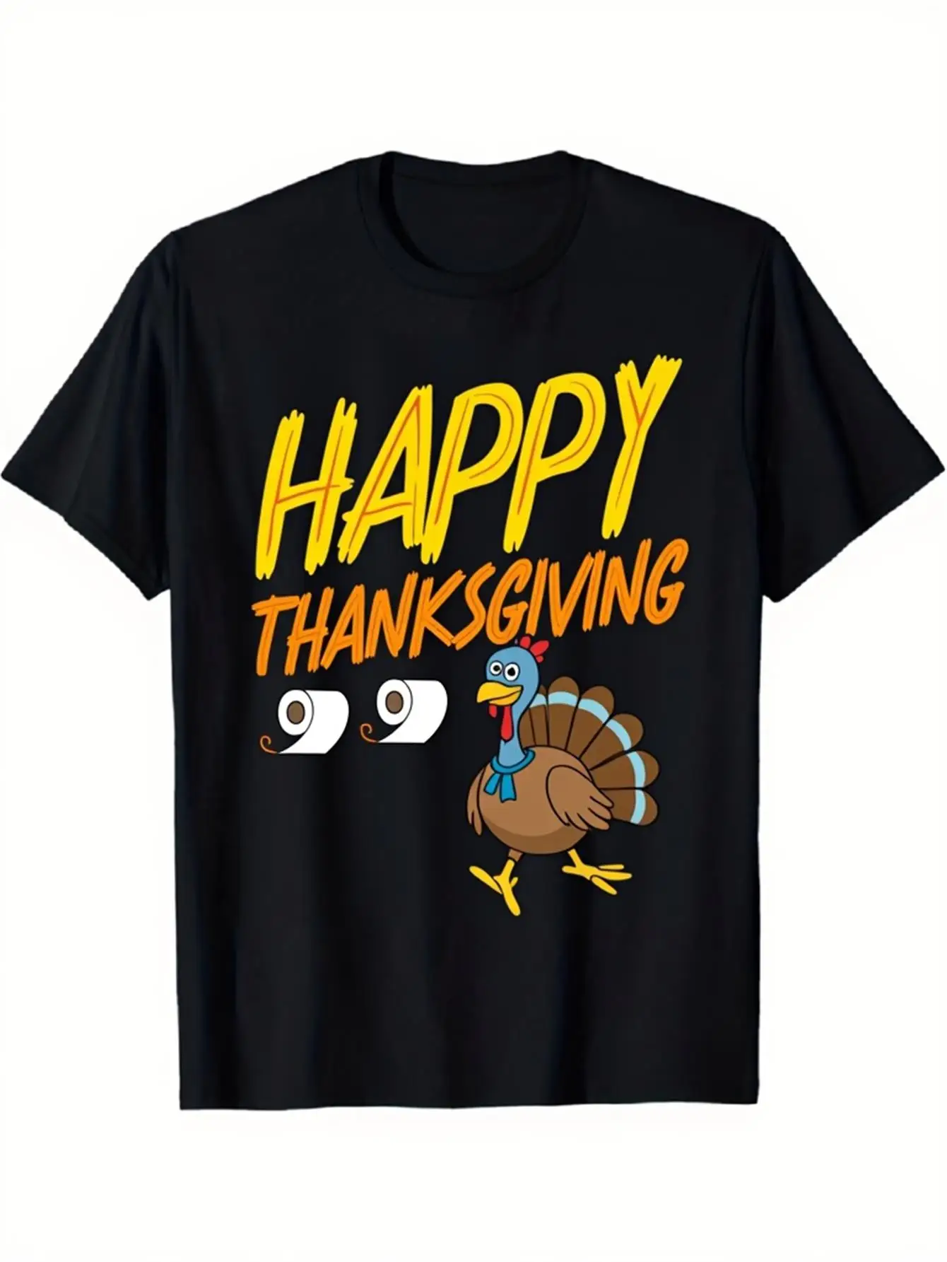 Funny Men's Black Graphic T-Shirt Turkey Cartoon Happy Thanksgiving Bold Letter Print Harvest Holiday 100% Cotton Heavyweight Short Sleeve Casual Streetwear Tee