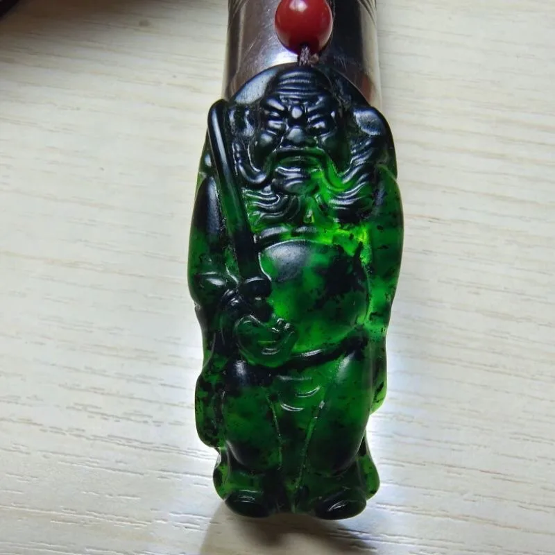 Medicine King Stone Zhong Kui Pendant, Natural Dark Green Jade Necklace Jade Pendant Jewelry