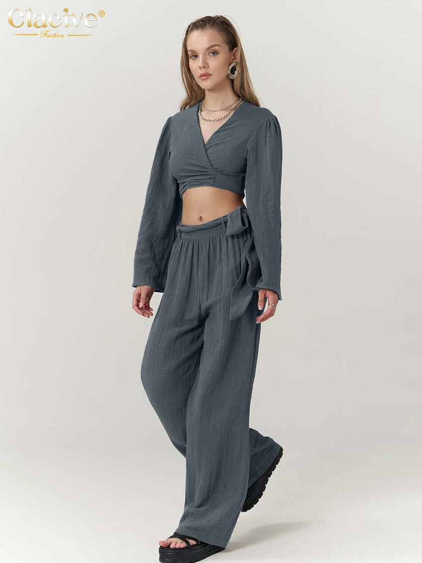 Clacive Set da donna eleganti in cotone grigio allentato casual 2025 Top corto con lacci a maniche lunghe alla moda con pantaloni a gamba larga a vita media