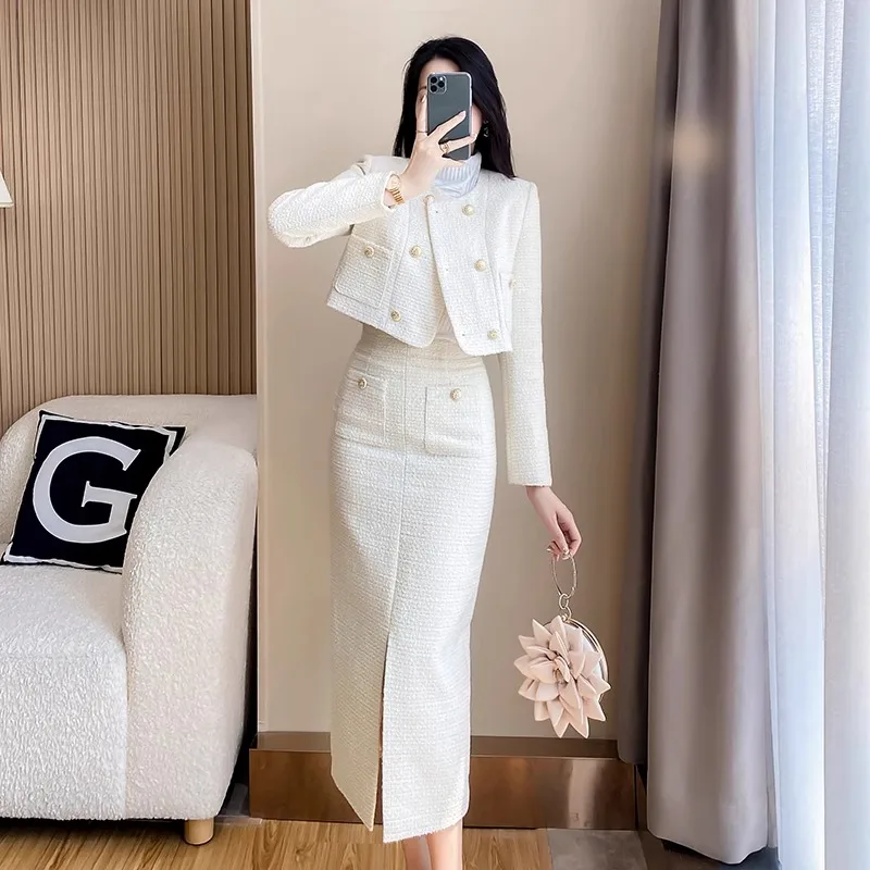 

Small Fragrance Coarse Tweed Two-Piece Set Women's Elegance Temperament O-neck Short Coat+Split Skirts Spring Autumn Suits New