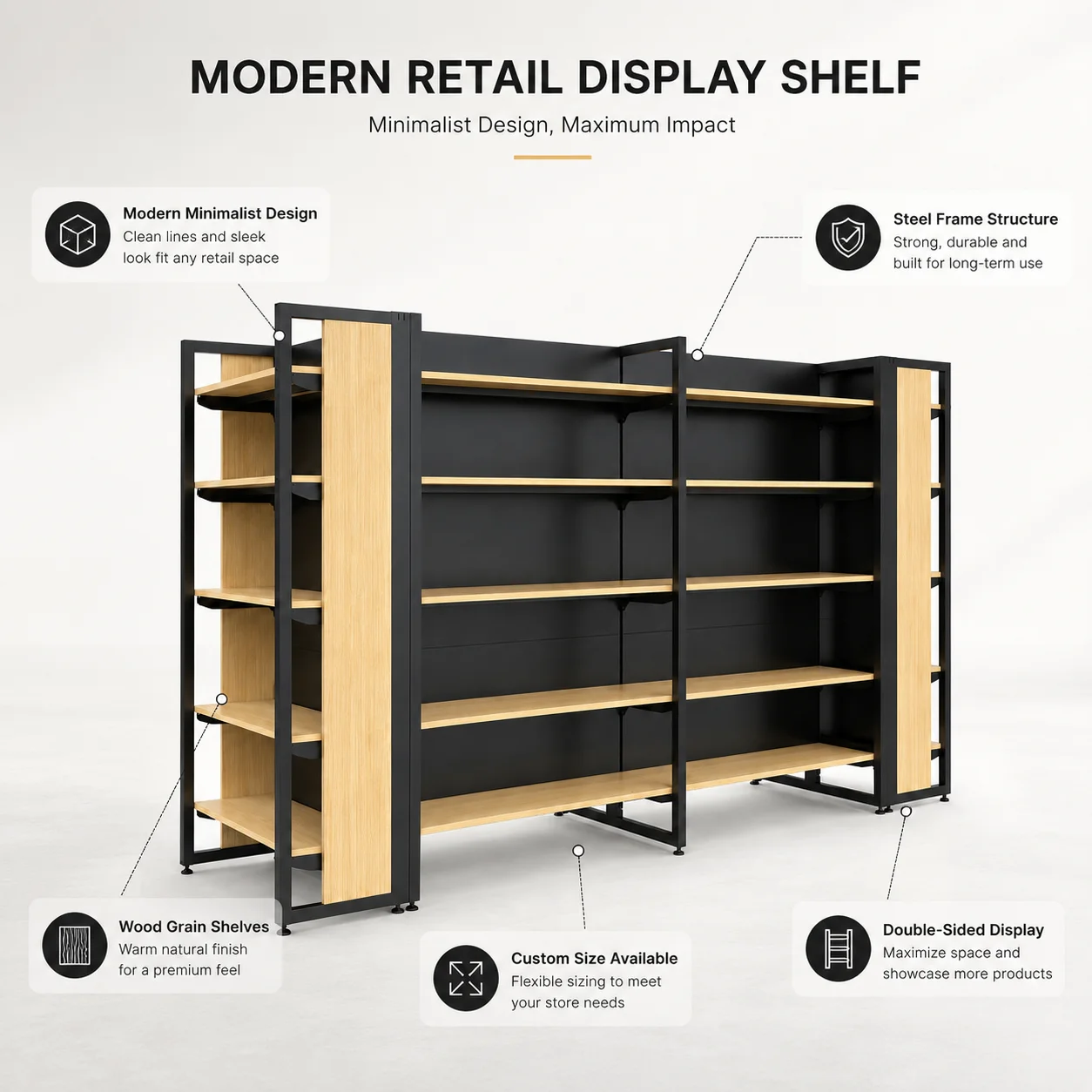 Double Sided Heavy Duty Gondola Shelving Steel Shelf Retail Display Rack End Cap 5 Tier Island Adjustable Tier Spacing