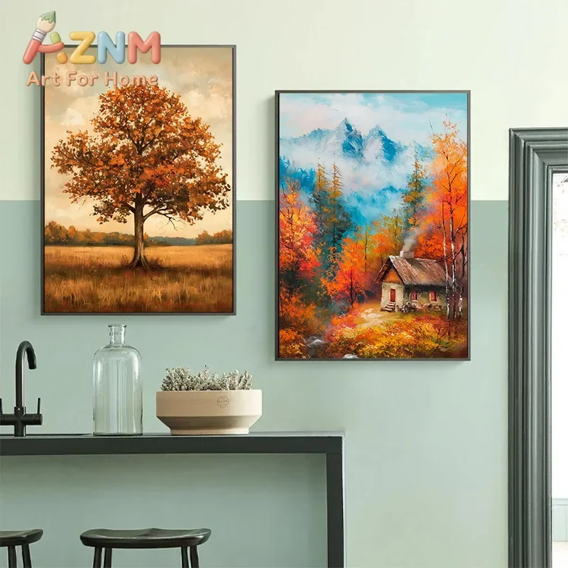 Oak Tree Art Serene Mountain Autumn Forest Cabin Landscape Butterfly Poster Canvas Painting Print Wall Art Room Home Decor Gift