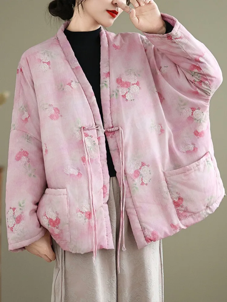 

Chic Zen-Inspired Thi Hemp Dyed Print Cotton Jaet Women's Winter Warm Central Buttoned Collar Cotton Outerwear Coat