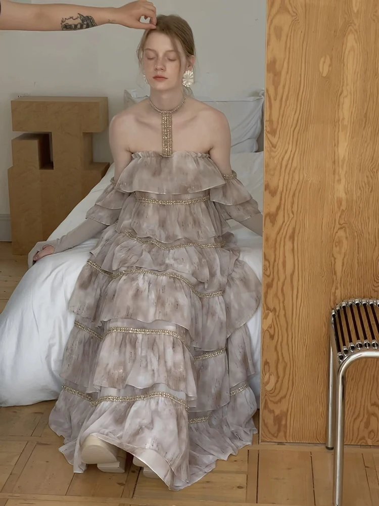 Roriri tie dye feminino fora do ombro halter vestido de mangas curtas ponto em camadas plissado a linha princesa bolo vestido retro y2k roupas