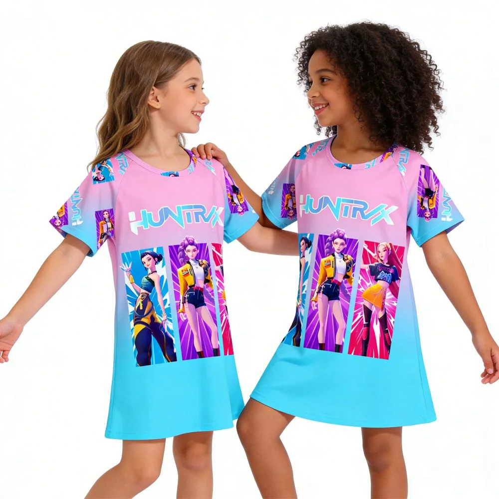 

Пижамное платье Huntrix для девочек, летняя ночная рубашка Kpop Demon Hunters, ночная рубашка с короткими рукавами для малышей, детская пижама для детей от 2 до 4, 6, 8, 10, 12 лет