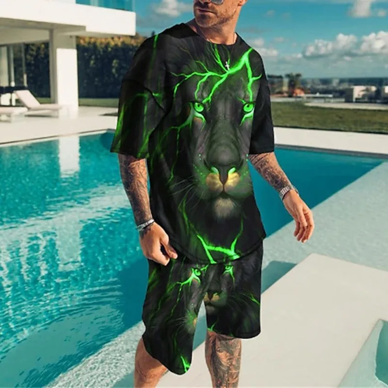 New Men's Plus Size Sportswear 3D Tiger Pattern Breathable Shorts Casual Y2K Style Cutting 2025 Summer Set